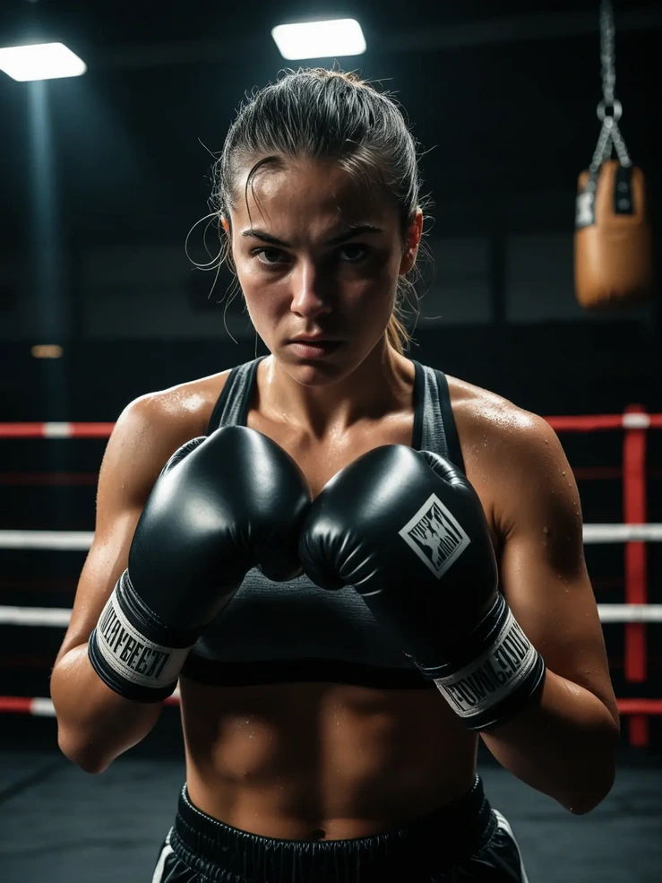 AI-generated photorealistic female boxer created with Realgen V1 on Fluvid AI